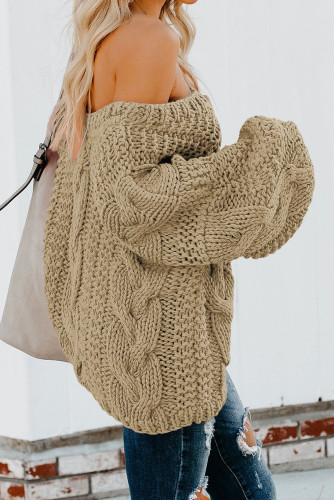 Khaki Bubblegum V-Neck Braided Knit Sweater LC270035-15