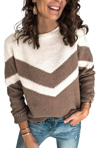 Khaki Chevron Colorblock Crew Neck Sweater LC2721104-16