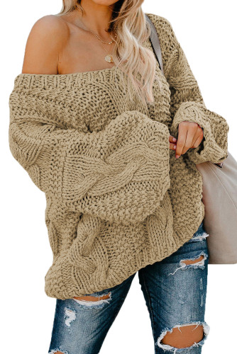 Khaki Bubblegum V-Neck Braided Knit Sweater LC270035-15