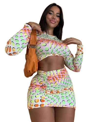 Multicolor Print Long Sleeve Crop Top and Shirring Skirt Set TQF711008-29