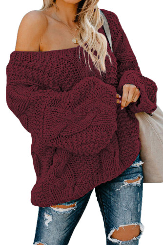 Burgundy Bubblegum V-Neck Braided Knit Sweater LC270035-3