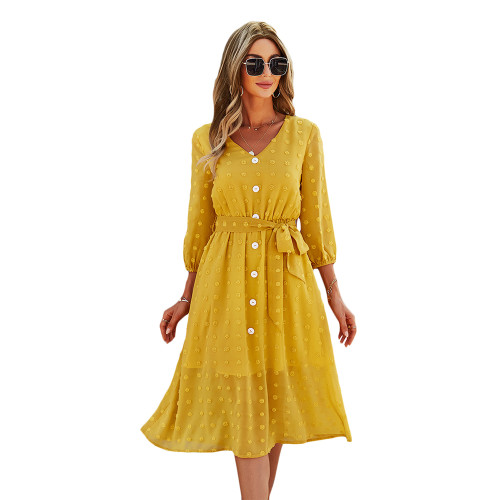 Yellow 1/2 Sleeve Button Down V Neck Casual Dress TQK310601-7