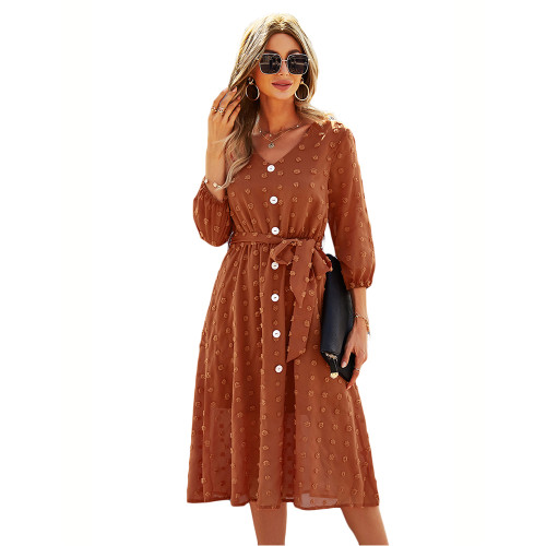 Brown 1/2 Sleeve Button Down V Neck Casual Dress TQK310601-17