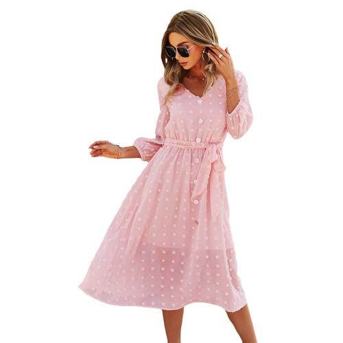 Pink 1/2 Sleeve Button Down V Neck Casual Dress TQK310601-10