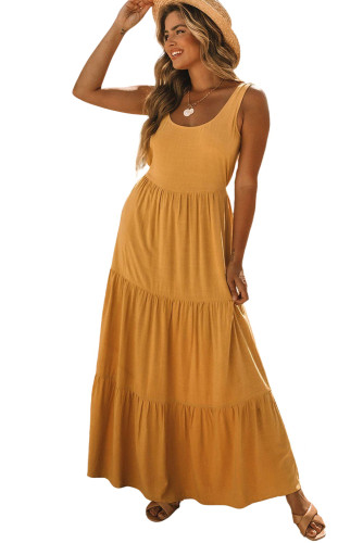 Yellow Sleeveless Ruched High Waist Maxi Dress LC618814-7