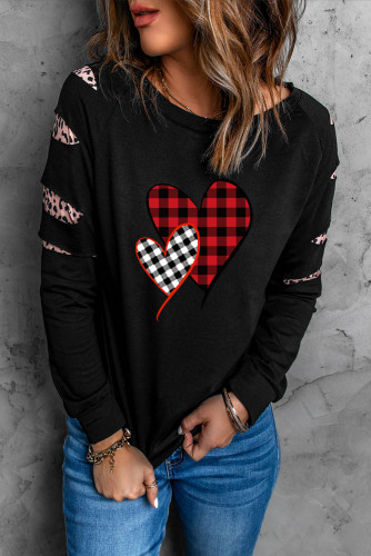 Black Plaid Hearts Print Leopard Cut-out Long Sleeve Sweatshirt LC25311688-2