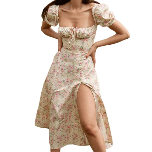 Apricot Square Neck High Split Floral Dress TQK310590-18