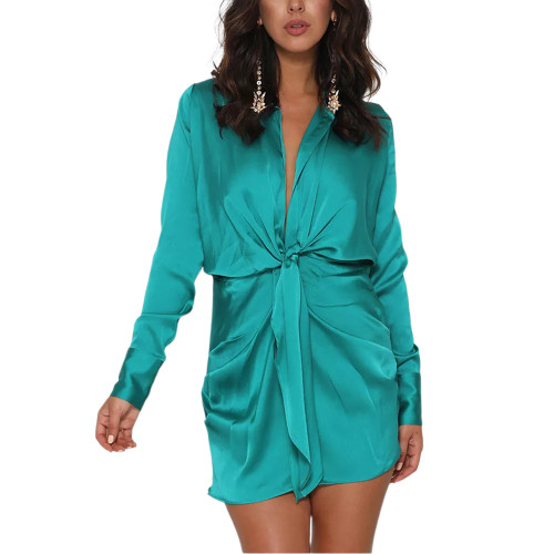 Green V Neckline Silk Long Sleeve Shirt Dress TQK310593-9