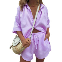 Purple Button Short Sleeve Shirt with Shorts Set TQK710354-8