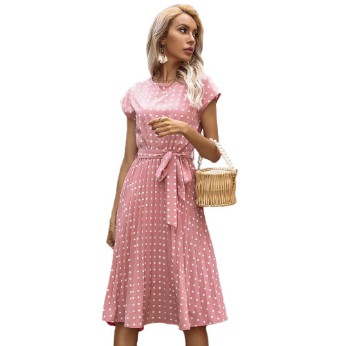 Pink Polka Dot Tie Waist Pleated Casual Dress TQK310581-10