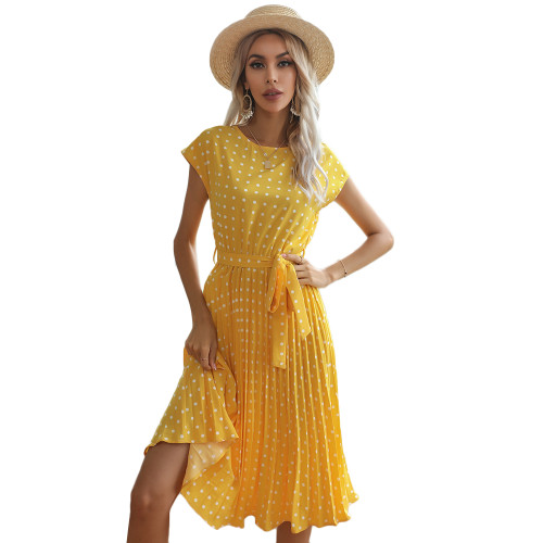 Yellow Polka Dot Tie Waist Pleated Casual Dress TQK310581-7