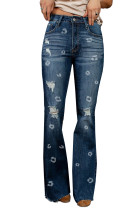 Blue Leopard Print Ripped High Waist Flare Jeans LC784112-5