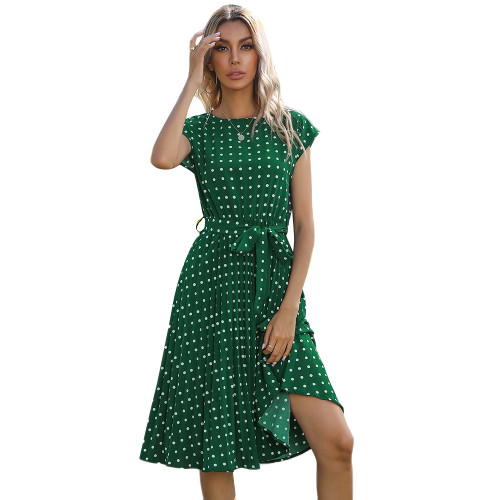 Green Polka Dot Tie Waist Pleated Casual Dress TQK310581-9