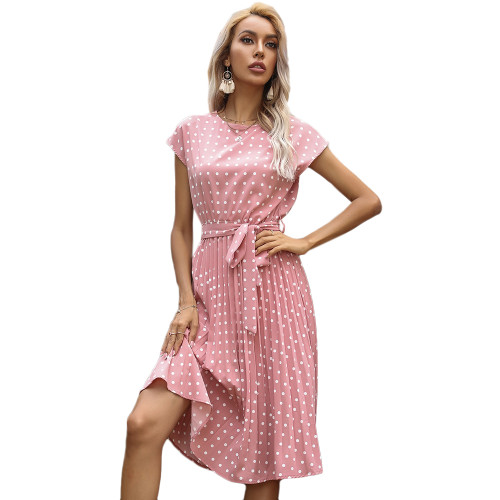Pink Polka Dot Tie Waist Pleated Casual Dress TQK310581-10