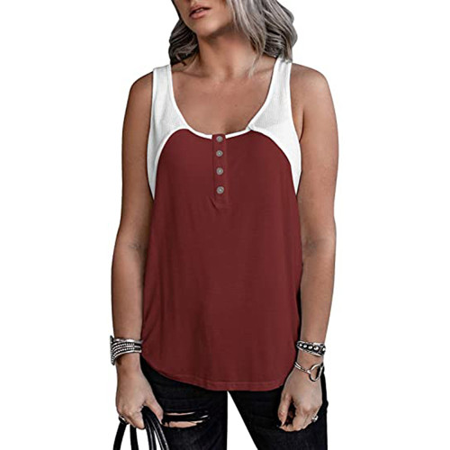 Wine Red Cotton Blend & Waffle Button-up Tank Top TQK250154-23