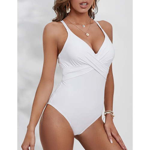 White Cross Front Adjustable Strap One Piece Swimsuit TQK620140-1