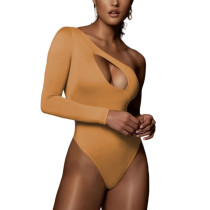 Brown Hollow Out One Shoulder Long Sleeve Bodysuit TQK550270-17