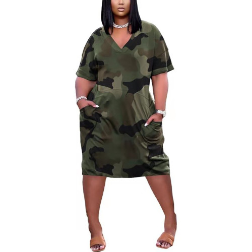 Army Green Camo Print Pocket V Neck Plus Size Dress TQK310587-27
