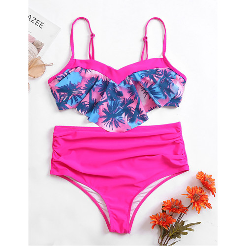 Rosy Tropical Print Ruffle Detail High Waist Bikini TQK610185-6
