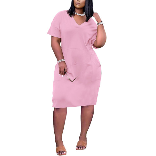 Pink Solid V Neck Pocket Causl Plus Size Dress TQK310584-10