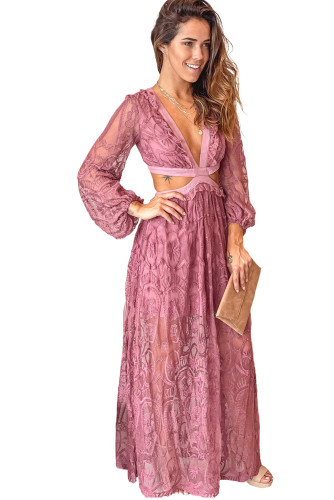 Cut out Lace Bubble Sleeve Maxi Dress LC618810-3