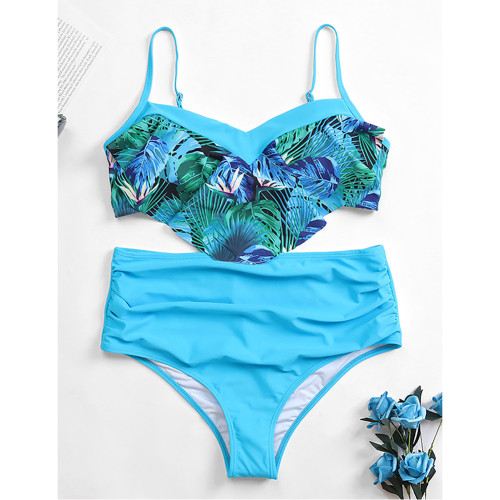 Blue Tropical Print Ruffle Detail High Waist Bikini TQK610185-5