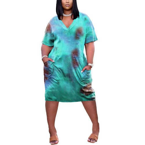 Aquamarine Tie Dye Print Pocket Plus Size Dress TQK310586-45