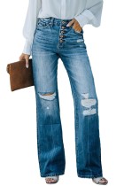 High Waist Buttons Distressed Flare Denim Pants LC783820-4