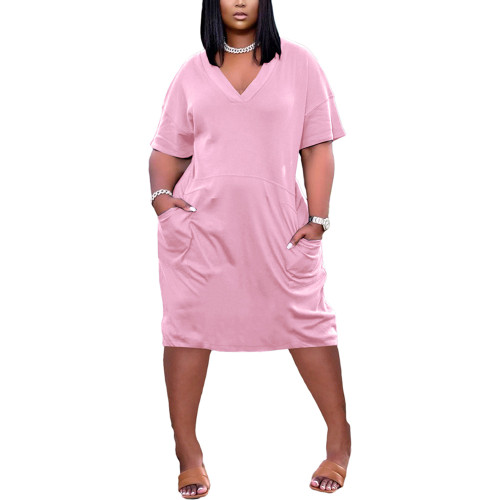 Pink Solid V Neck Pocket Causl Plus Size Dress TQK310584-10