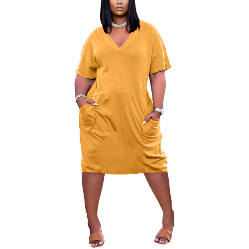Yellow Solid V Neck Pocket Causl Plus Size Dress TQK310584-7