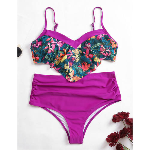 Purple Tropical Print Ruffle Detail High Waist Bikini TQK610185-8