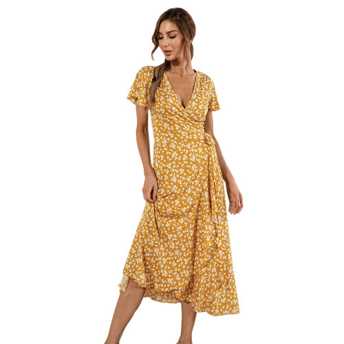 Yellow V Neck Ruffle Hem Split Floral Dress TQK310583-7
