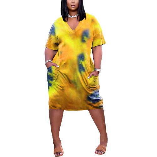 Yellow Tie Dye Print Pocket Plus Size Dress TQK310586-7