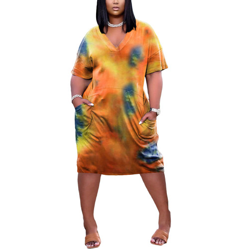 Orange Tie Dye Print Pocket Plus Size Dress TQK310586-14