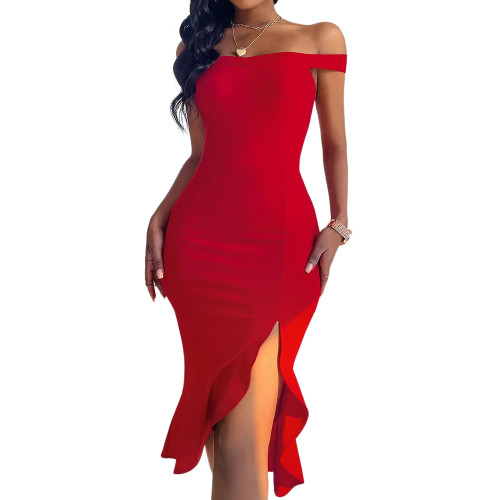 Red Split Ruffle Hem Off Shoulder Evening Dress TQK310831-3