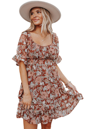 Square Neck Puff Sleeve Floral Mini Dress LC2211211-17