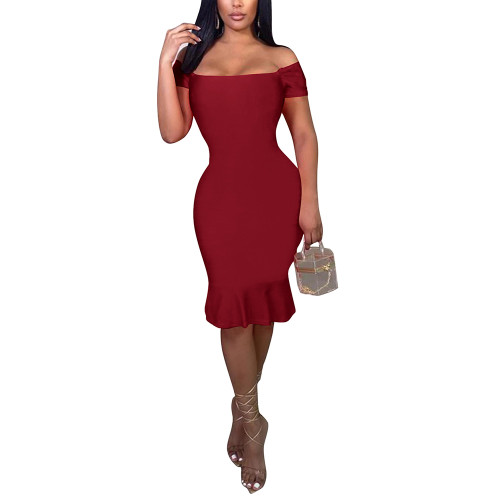 Wine Red Off Shoulder Ruffle Hem Bodycon Dress TQK310829-23