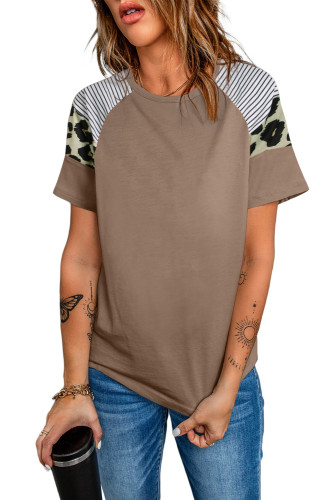 Striped Leopard Print Short Sleeve Women T-shirt LC253220-17