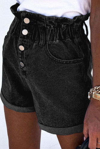 Black Ruffled High Waist Buttoned Denim Shorts LC783873-2