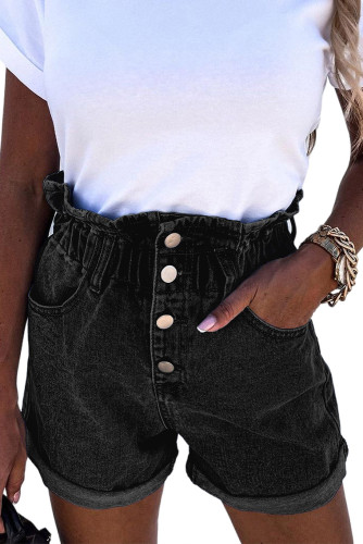 Black Ruffled High Waist Buttoned Denim Shorts LC783873-2