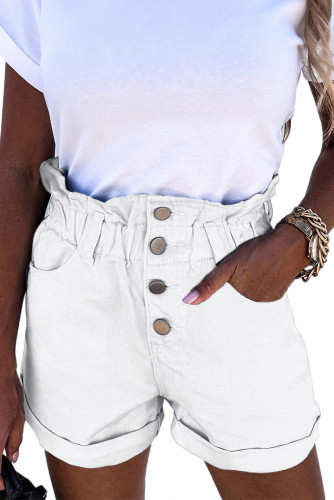White Ruffled High Waist Buttoned Denim Shorts LC783873-1