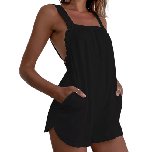 Black Open Back Breathable Loungewear Shorts Overalls TQK550290-2