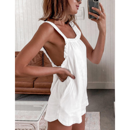 White Open Back Breathable Loungewear Shorts Overalls TQK550290-1