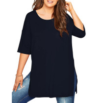 Navy Blue Side Split Oversized Plus Size Tops TQK210898-34