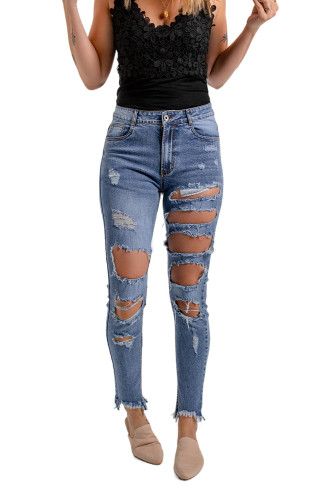 Blue Distressed Slits Holes Frayed Jeans LC783832-5