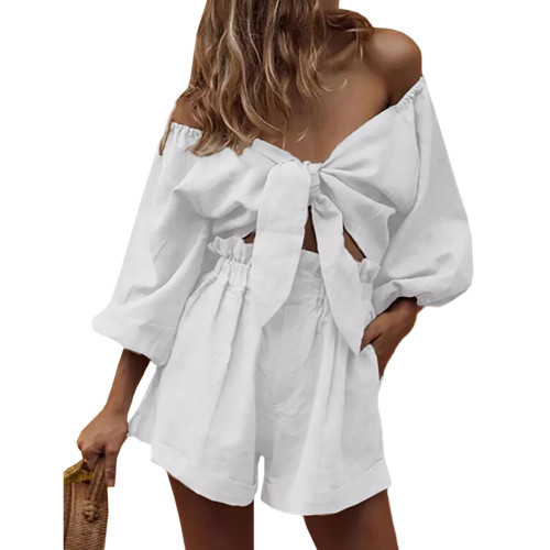 White 100%Rayon Tie Front Top and Shorts Set TQK710445-1
