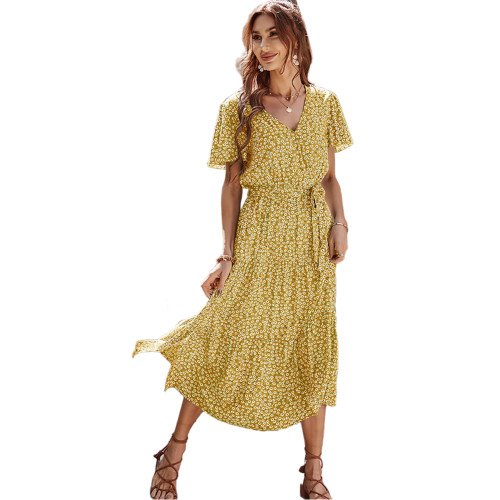 Yellow V Neck Tie Waist Holiday Floral Dress TQK310840-7