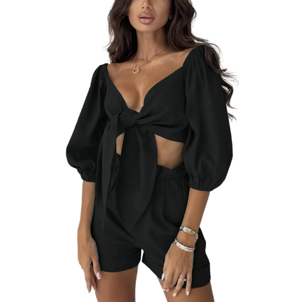Black 100%Rayon Tie Front Top and Shorts Set TQK710445-2