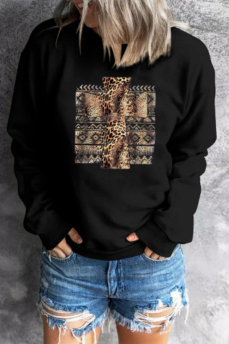 Black Leopard Cross Graphic Print Long Sleeve Sweatshirt LC25311720-2