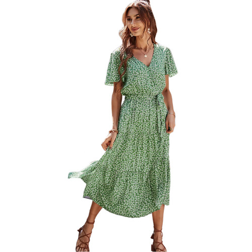 Green V Neck Tie Waist Holiday Floral Dress TQK310840-9